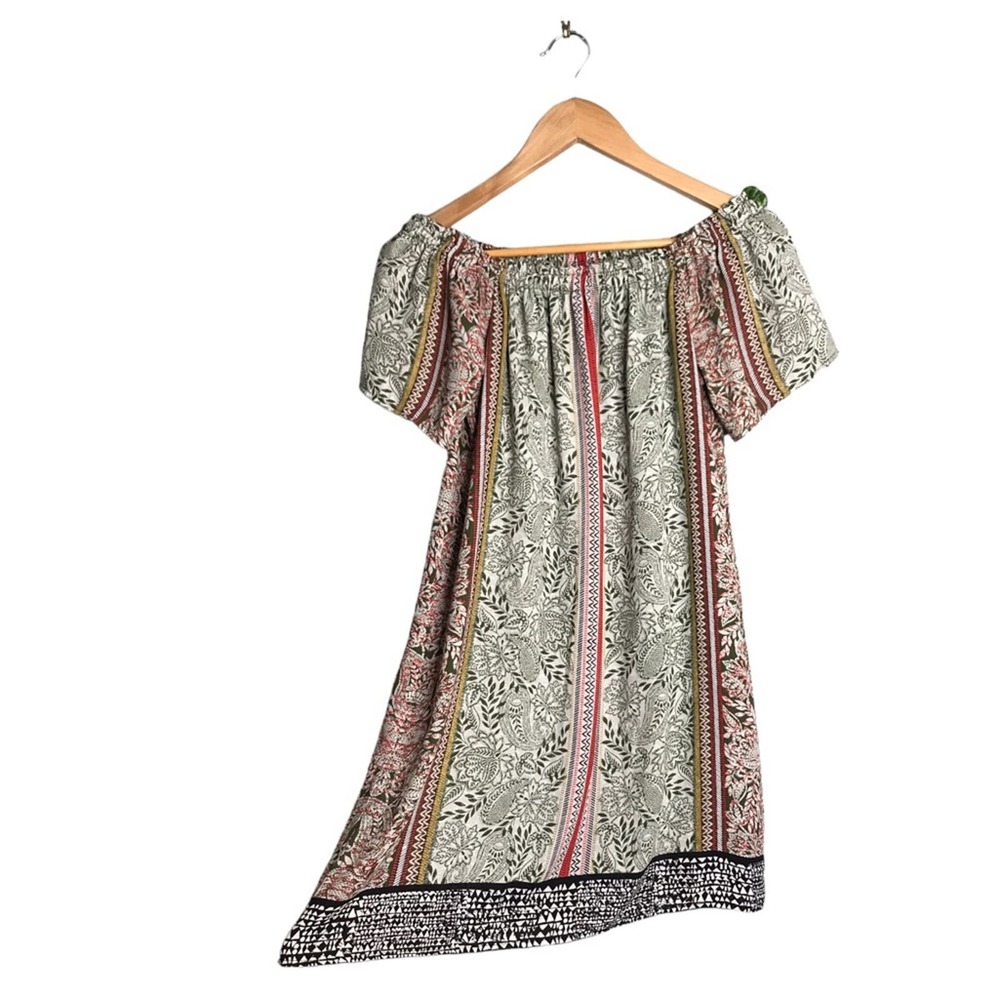 DR2 | Green & pink bohemian print mini dress off shoulder short sleeve •
